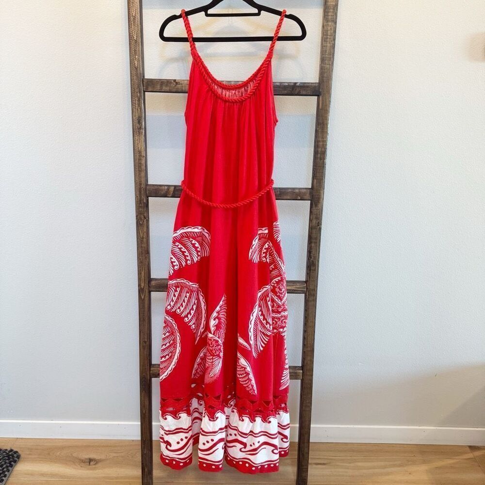 Farm Rio NWT Majestic Coconut Tree Maxi Dress Medium Red Linen Blend Tropical - Picture 8 of 9